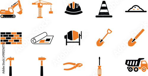 Construction and building industry icons set featuring heavy machinery tools and safety equipment