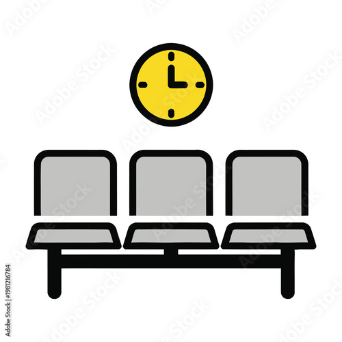 Waiting Area Chairs with Wall Clock Icon Representing Travel Delay or Appointment Schedule Concept