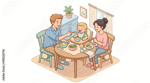 Family eating at dinner table.