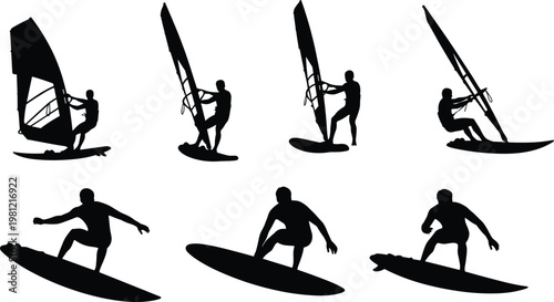 Surfing and windsurfing silhouettes collection, water sport action poses, ocean activity concept, extreme sport lifestyle, black isolated figures, summer illustration set