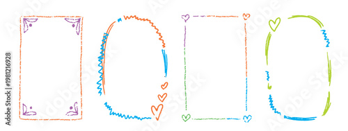 Soft pastel borders with light chalk texture and minimal style. Crayon kindergarten frame set for children photos, certificates and designs.