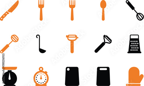 A collection of fifteen orange and black kitchen utensil icons for cooking and baking