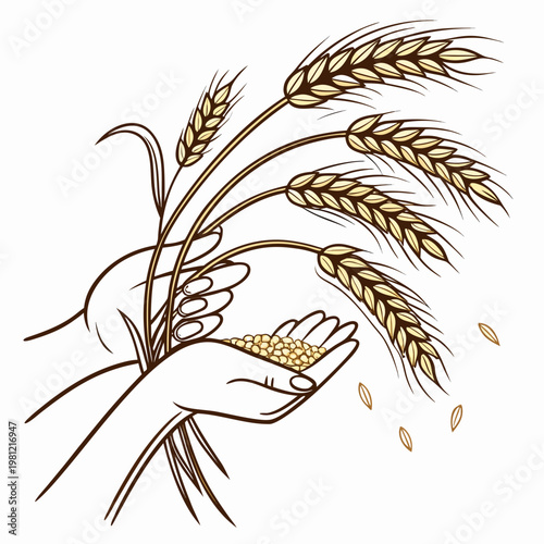 A stylized illustration depicts a human hand gently holding and offering golden wheat grains symbolizing harvest and abundance high quality professional detailed
