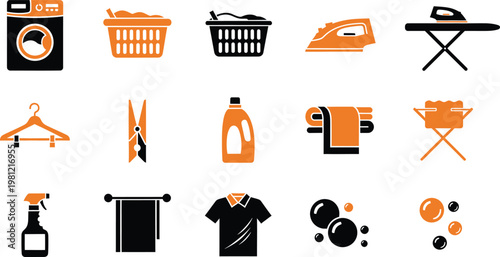 A collection of laundry and cleaning service icons in a black and orange color palette.