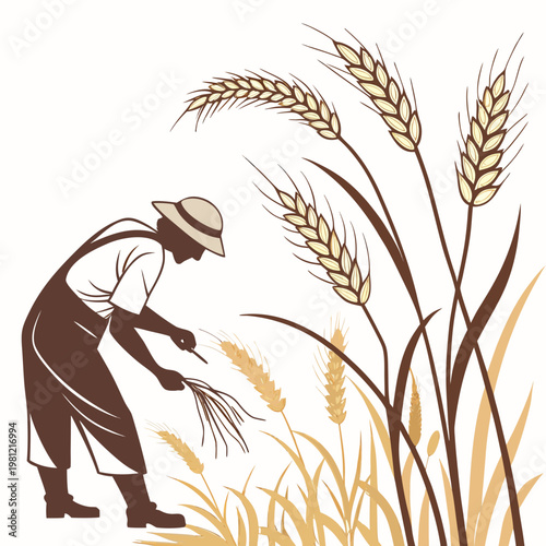 A stylized illustration depicts a farmer harvesting golden wheat stalks in a field bending to gather the grain high quality professional detailed