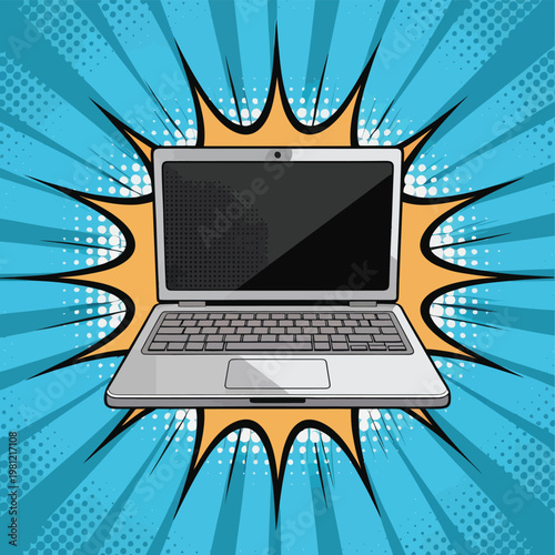 Pop style of a silver laptop with geometric background