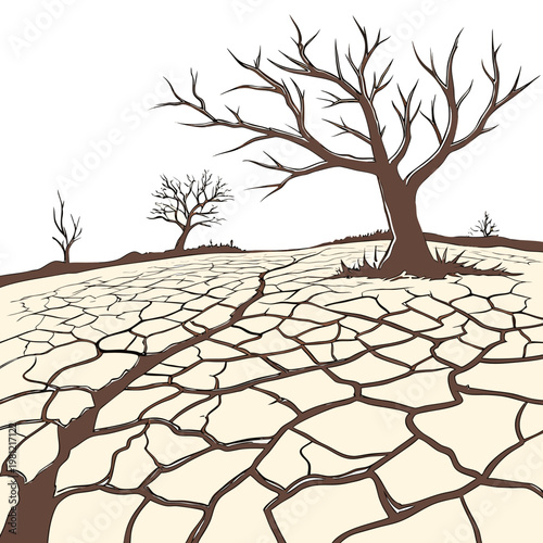 A stark illustration depicts a parched cracked landscape under a sky with several barren trees symbolizing drought and environmental decay high quality
