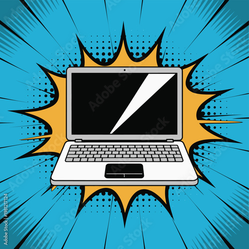 Pop style of a silver laptop with geometric patterns and yellow frame