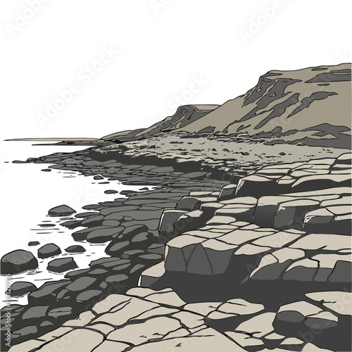 A stylized illustration depicts a rocky coastline with layered angular cliffs meeting a calm body of water high quality professional detailed modern