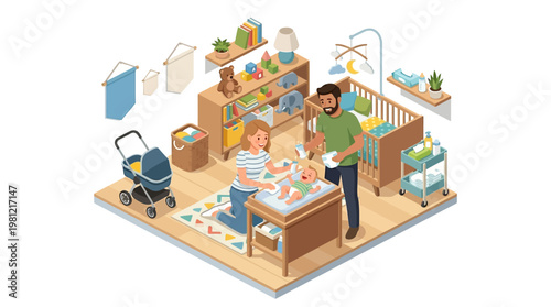 Father changing baby diaper.