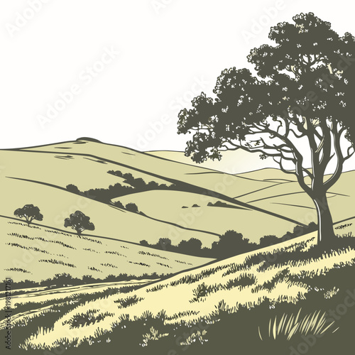 A serene landscape illustration depicts rolling green hills dotted with sparse trees under a pale sky evoking a peaceful rural scene