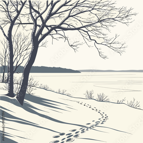 A serene minimalist illustration depicts bare trees alongside a snow covered landscape featuring animal tracks leading towards a frozen horizon high quality