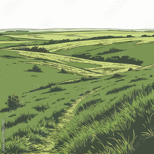 A serene landscape illustration depicts rolling green hills a winding path and a bright clear sky evoking a sense of peacefulness