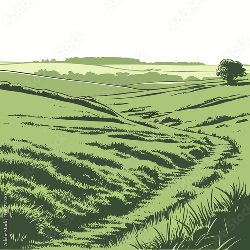 A stylized green landscape depicts rolling hills and a winding path evoking a serene and peaceful rural scene high quality professional detailed