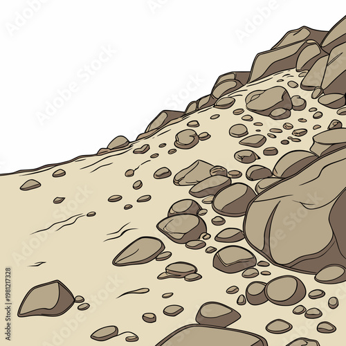 A cartoon illustration depicts a rocky desolate landscape with a steep sandy slope and scattered boulders high quality professional detailed modern elegant
