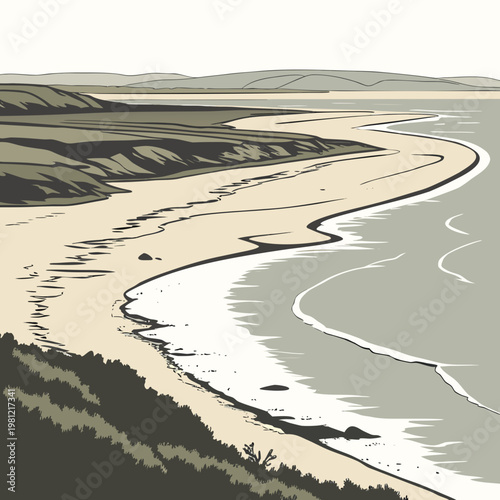 A stylized illustration depicts a serene coastal landscape with a winding river meeting a sandy beach and distant hills high quality professional