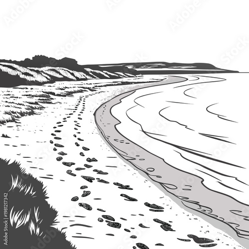 Foto A black and white illustration depicts a scenic coastal landscape featuring a cu