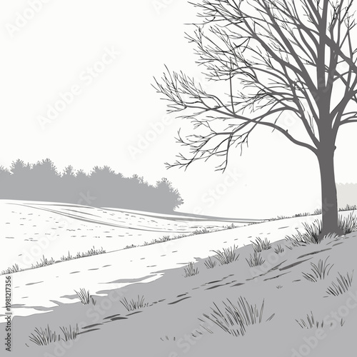 A minimalist grayscale landscape depicts a solitary bare tree standing against a softly blurred winter backdrop high quality professional detailed modern elegant