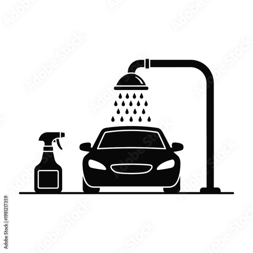 Car Wash Icon Featuring A Vehicle Under A Water Shower With A Cleaning Spray Bottle Beside It