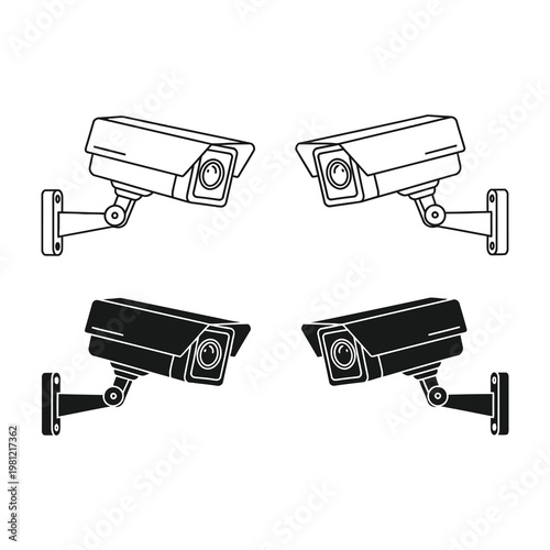 CCTV Security Cameras Set Featuring Four Different Surveillance Devices on White Background