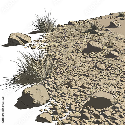 A digitally illustrated landscape depicts a small rocky hillside covered in sparse vegetation and assorted stones high quality professional detailed modern elegant