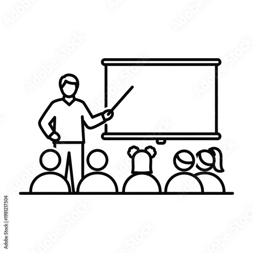 Teacher presenting lesson to students in classroom setting simple outline linear icon design style