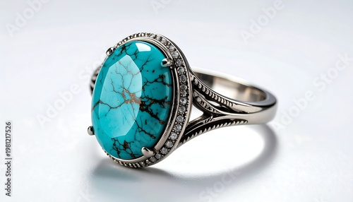 Silver ring with a large, oval turquoise stone surrounded by small gems on a glossy white surface