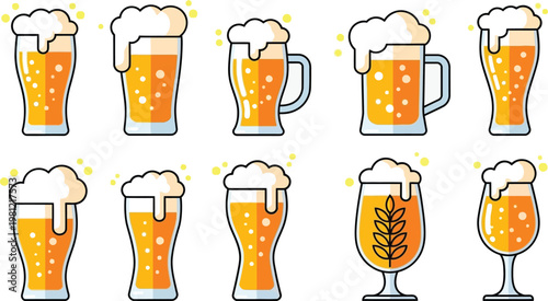 Collection of ten different beer glasses filled with frothy golden beer lager pilsner