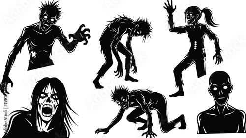 Zombie silhouettes collection, horror undead creatures set, creepy walking dead poses, scary monster characters, isolated black figures, halloween spooky illustration concept