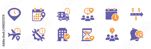 
Time and Location Scheduling Glyph Icon Set. Delivery Tracking, Calendar Appointment, and Logistics Solid Vector Symbols.

