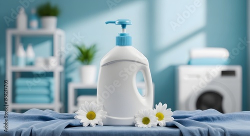 Ergonomic bottle on fluffy blue towels with daisies balanced fashion editorial laundry scene
