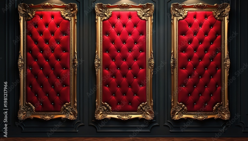Naklejka premium Three ornate gold framed panels with tufted red velvet upholstery hang on dark wall. Decorative frames feature classic scrollwork, elaborate carvings. Interior design elements suggest luxury, royalty.