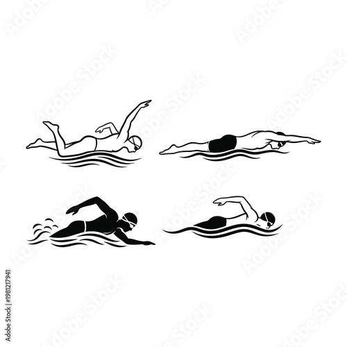 Set of silhouettes showing different swimming styles and techniques for professional athletes