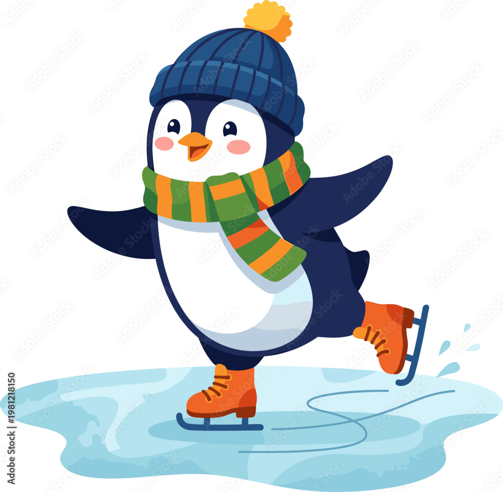 Fototapeta premium Cute penguin ice skating on a frozen pond