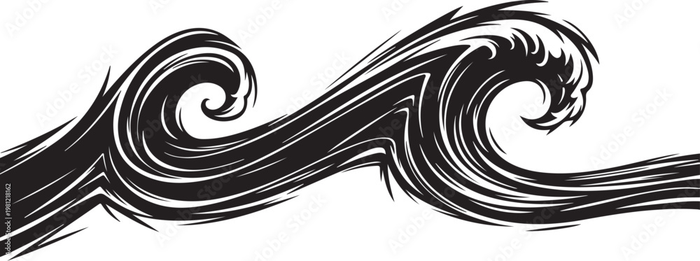 Fototapeta premium Black wave, swirling curl, abstract border, vector illustration, monochrome design element
