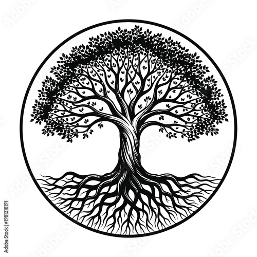 Tree of Life Circular Emblem Featuring Intricate Roots and Lush Canopy Branches Black and White