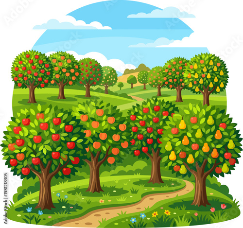 Fruit orchard with apple and pear trees along a grassy path