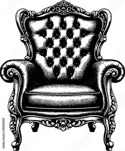 Ornate black leather tufted armchair with carved wooden legs and ornate detailing