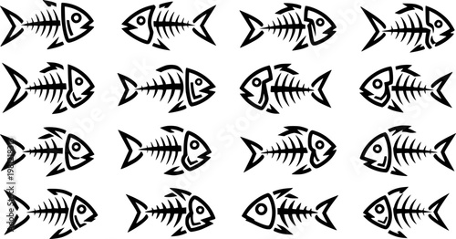 Repeating Pattern of Stylized Black Fish Skeletons White Background bone
