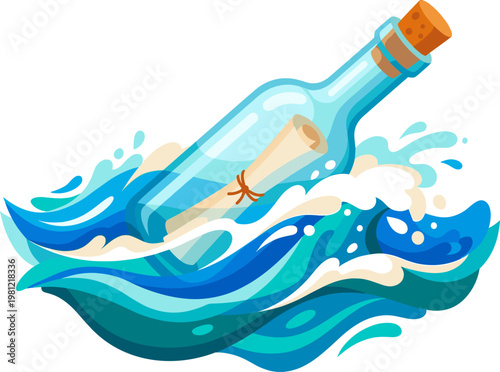 Glass message in a bottle floating on blue ocean waves