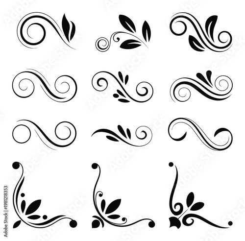 Collection of Black Flourishes and Swirls with Leaf Motifs