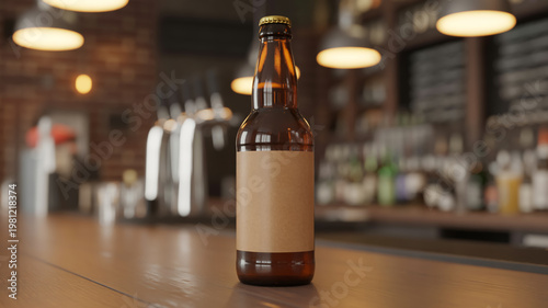 Blank brown glass beer bottle on a pub bar counter.