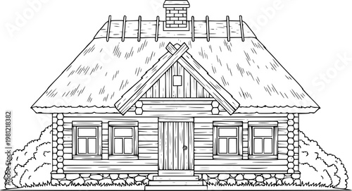 Rustic log cabin with thatched roof and stone foundation surrounded by foliage house