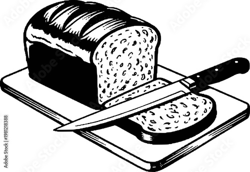 Sliced loaf of bread with knife cutting board black and white slicing