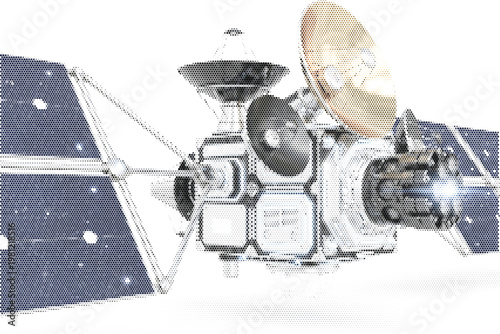 Space satellite in halftone stipple for global communication and science technology orbital exploration