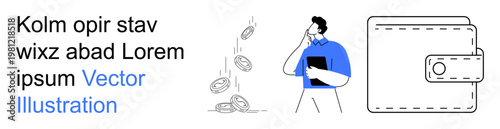 Personal finance, budgeting tools, saving money, financial decisions, income management, economic planning. Man thinking, coins falling wallet symbol. Personal finance and budgeting tools concept