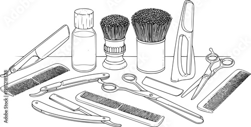 Vintage Barber Tools Collection Straight Razor Comb Scissors Shaving Brush Bottle