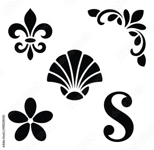 Collection of Decorative Black Silhouettes: Fleur-de-lis, Shell, Flower, Scroll, and Letter S