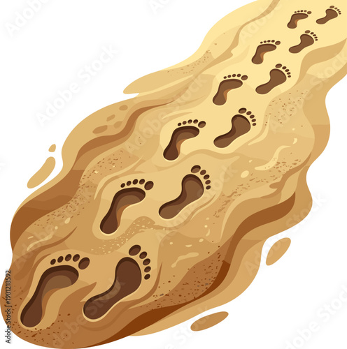 Human barefoot footprints pressed into wet beach sand along the shore