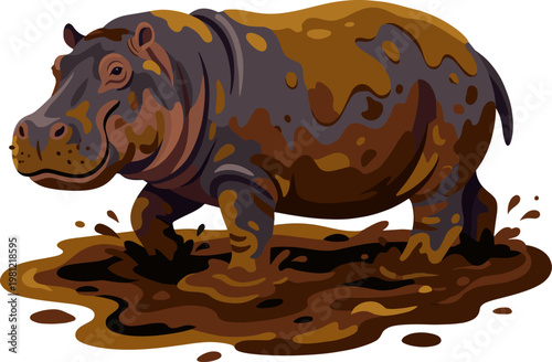 Hippopotamus standing in thick mud puddle wildlife illustration